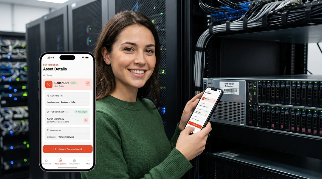 Technician using BetterDesk iOS and Android app in a server room
